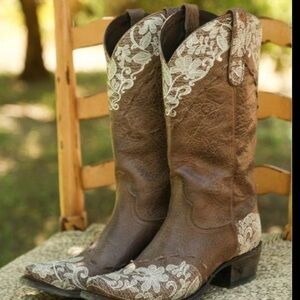 Lane Boots Jeni Lace Size 7.5 Western Cowgirl Mid-Calf Brown Ivory Embroidered